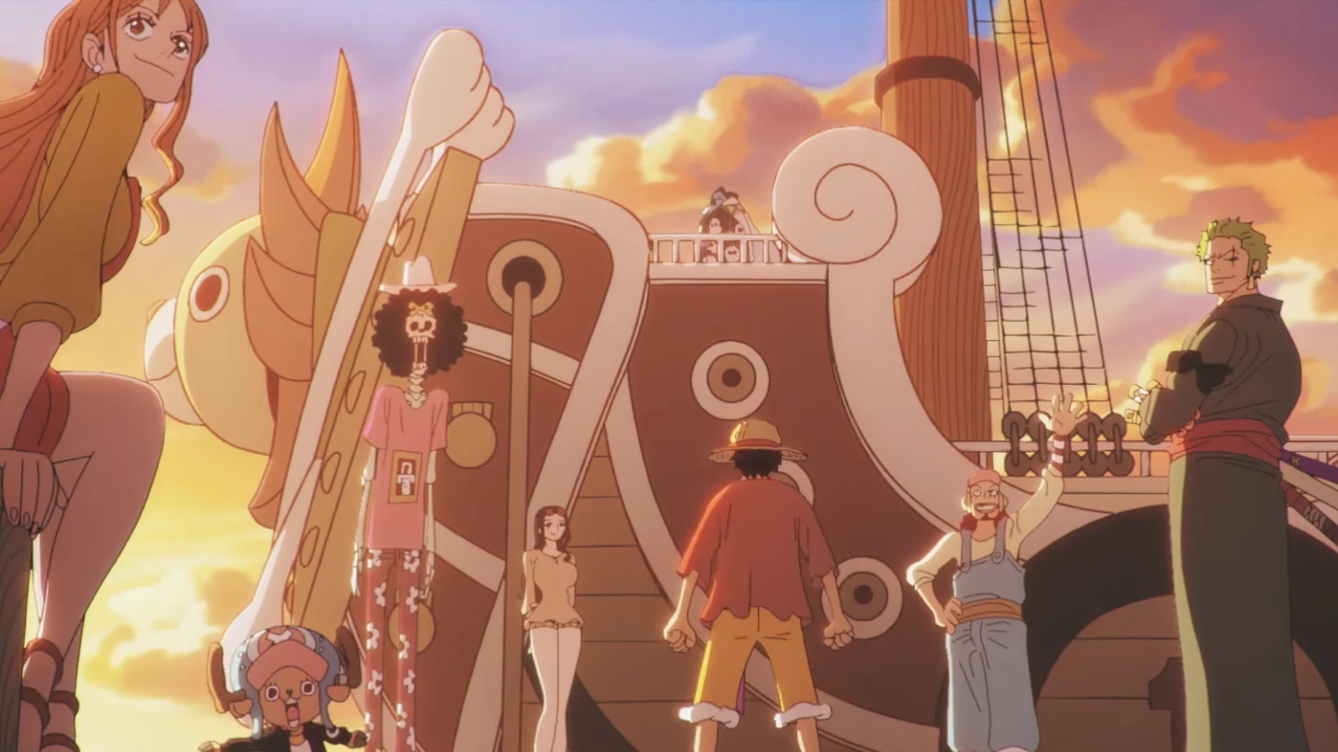 The Straw Hat crew gathered aboard the Sunny in the warm light of sunset.